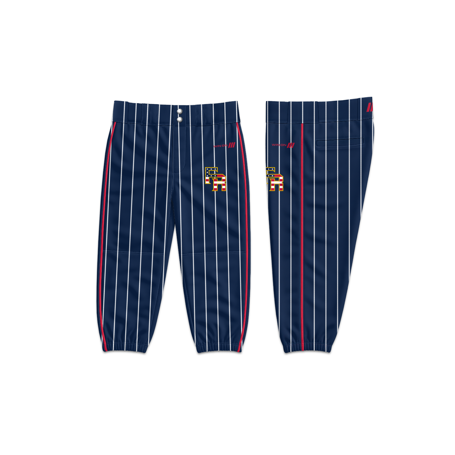 Frozen Rope Navy Pinstripe  Baseball Pants (Red Piping)