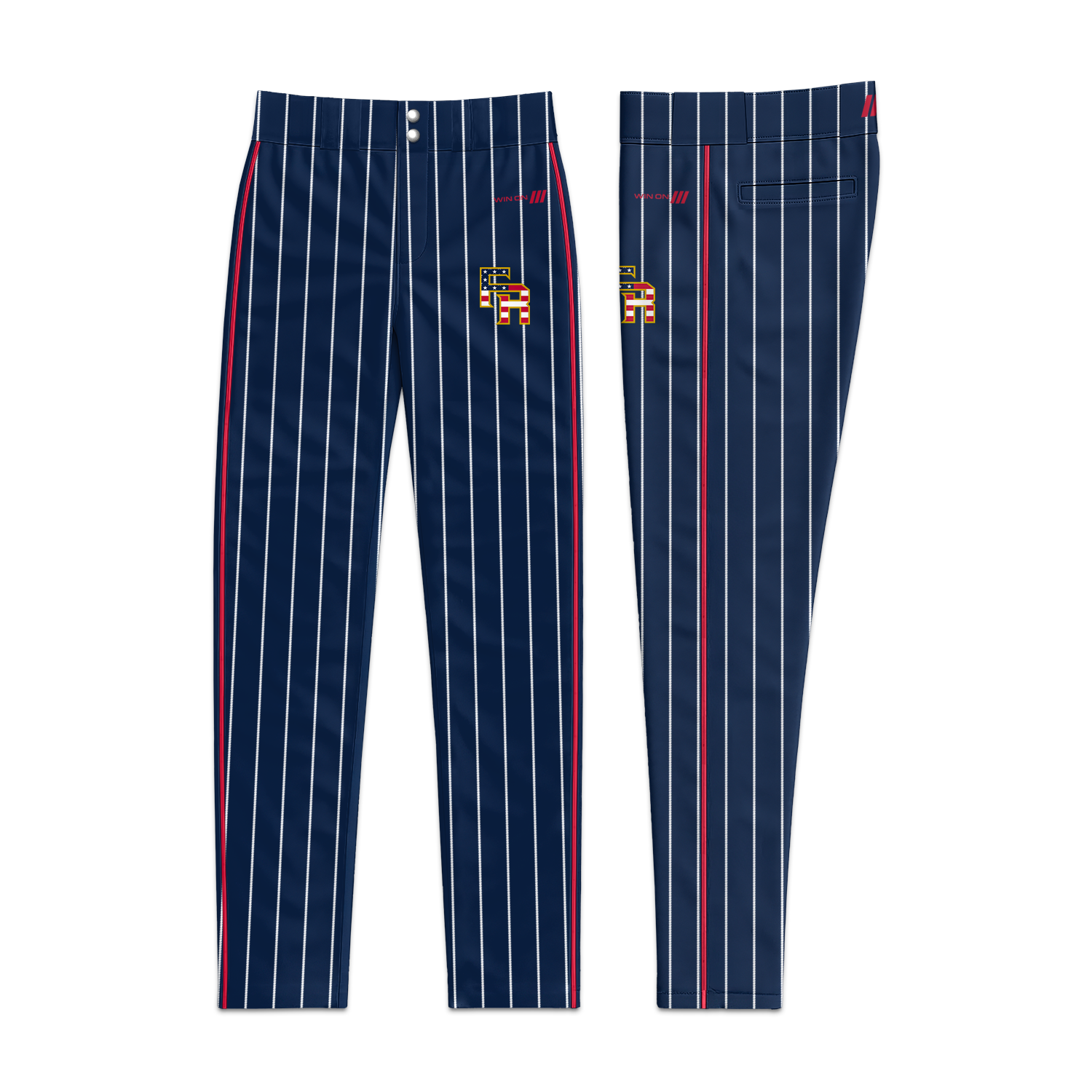 Frozen Rope Navy Pinstripe  Baseball Pants (Red Piping)