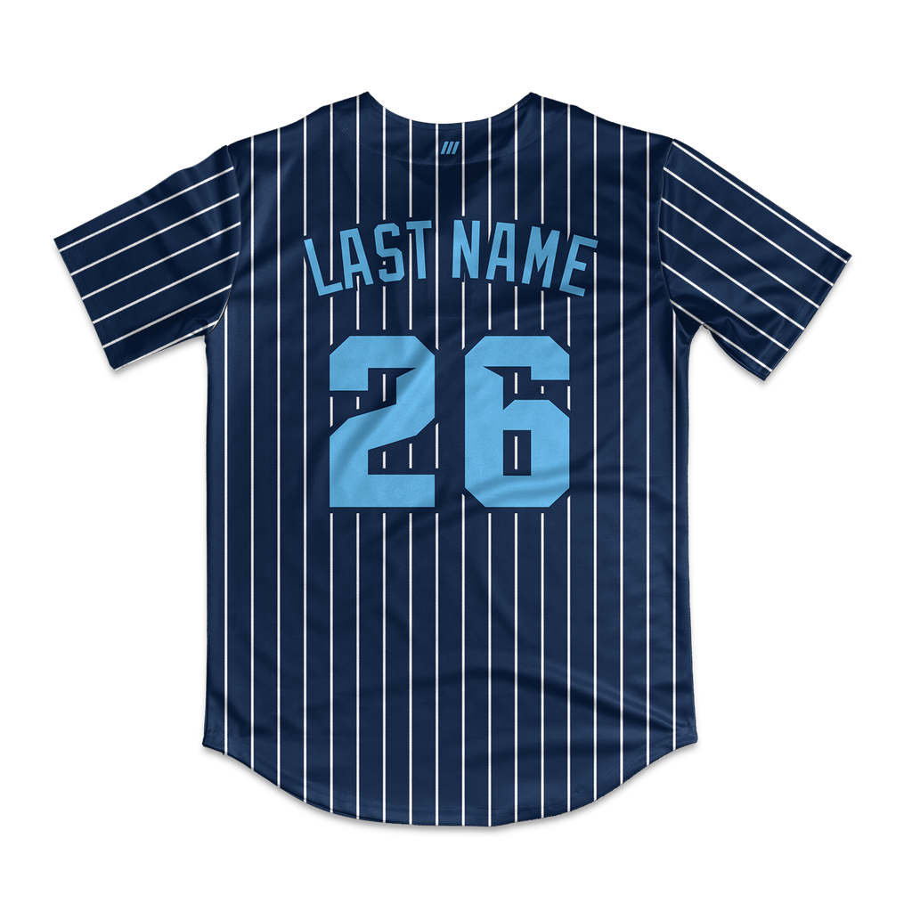 Frozen Rope Full Button Pinstripe Jersey (Navy-Light Blue Logo)