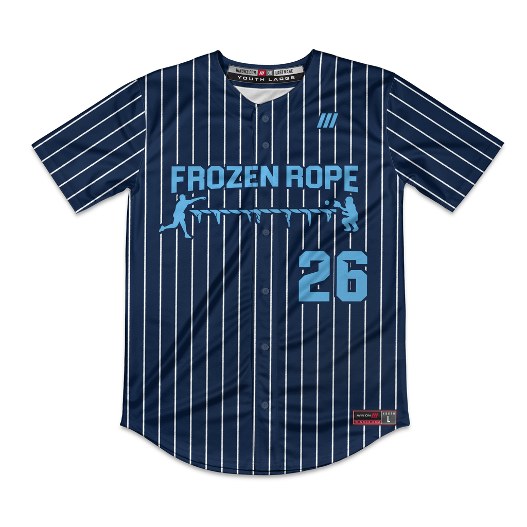 Frozen Rope Full Button Pinstripe Jersey (Navy-Light Blue Logo)