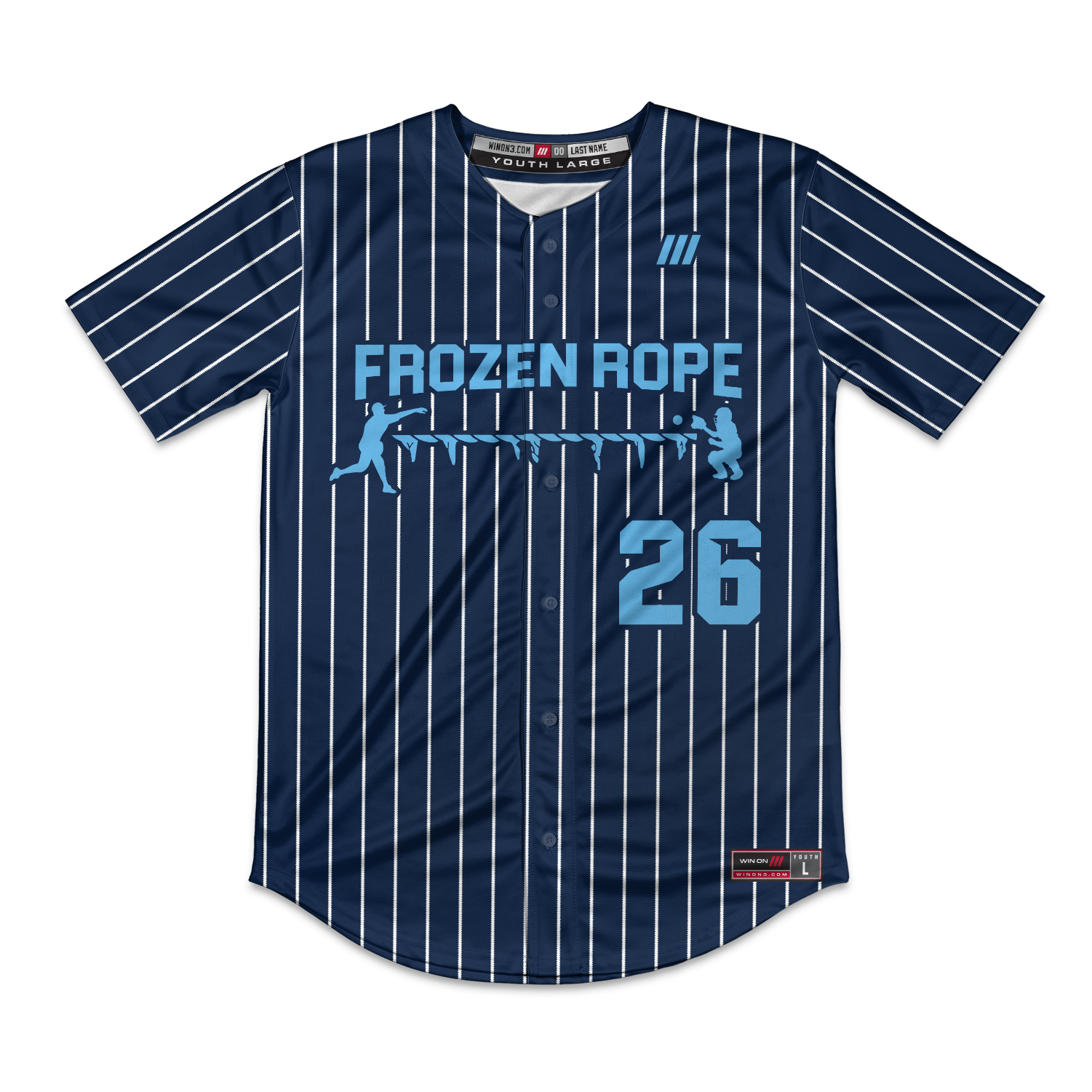 Frozen Rope Full Button Pinstripe Jersey (Navy-Light Blue Logo)