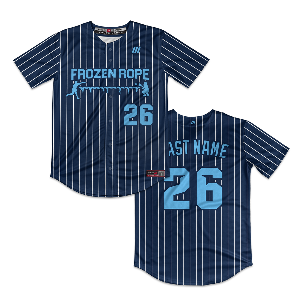 Frozen Rope Full Button Pinstripe Jersey (Navy-Light Blue Logo)
