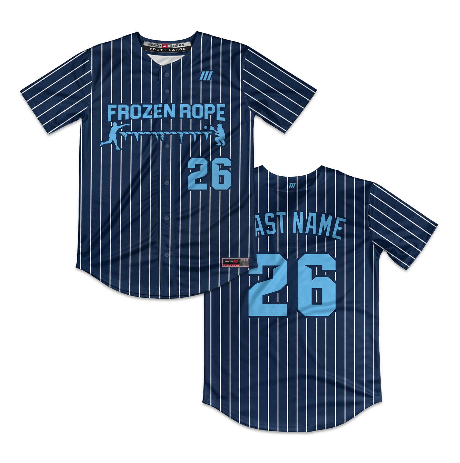 Frozen Rope Full Button Pinstripe Jersey (Navy-Light Blue Logo)